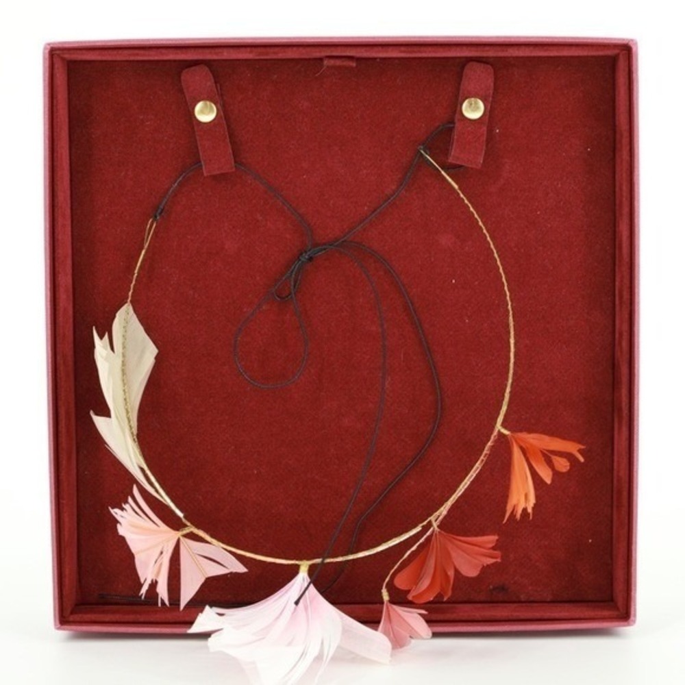 Valentino Feather Statement Necklace Pink Red Orange Gold Tone Adjustable Tie